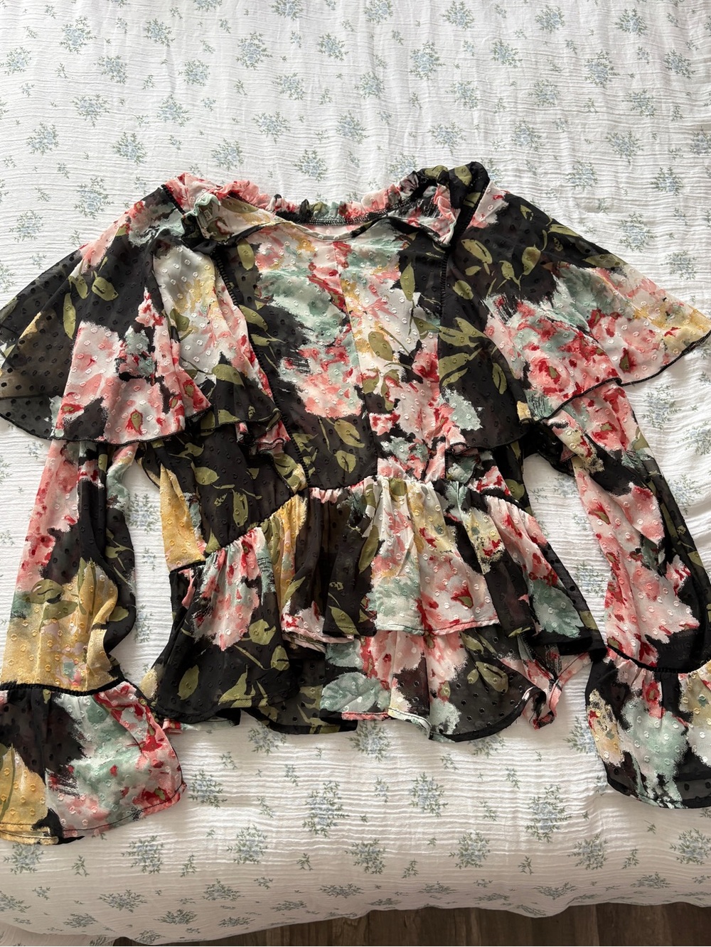 Buckle Black Sheer Floral Ruffle Blouse with Pink, Green & Yellow Accents